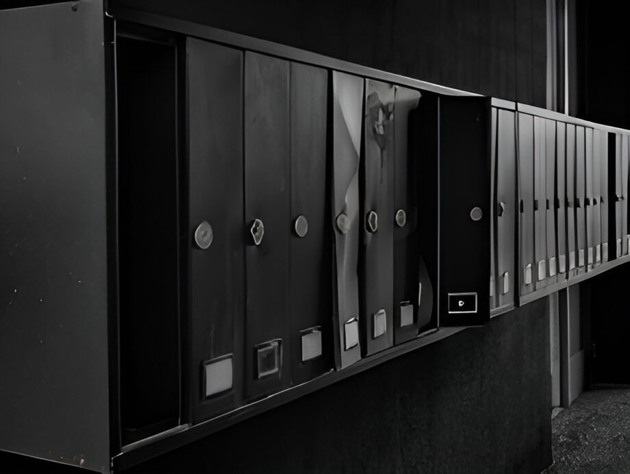 A rack of old fashioned binders for holding paper documents